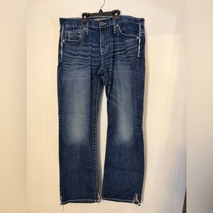 BKE Carter Straight Jeans Men’s 34S Medium Wash Distressed Hem Buckle Denim